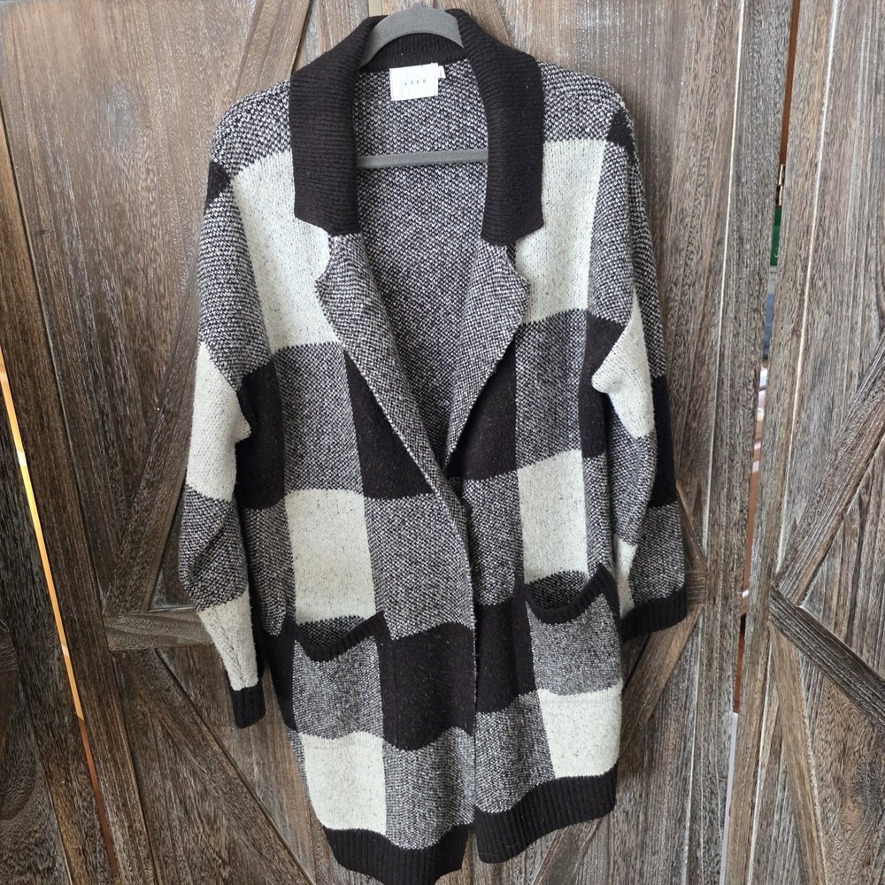 Lush Sweater Women's Size Large Black White Plaid Jacket Cardigan Long Collared